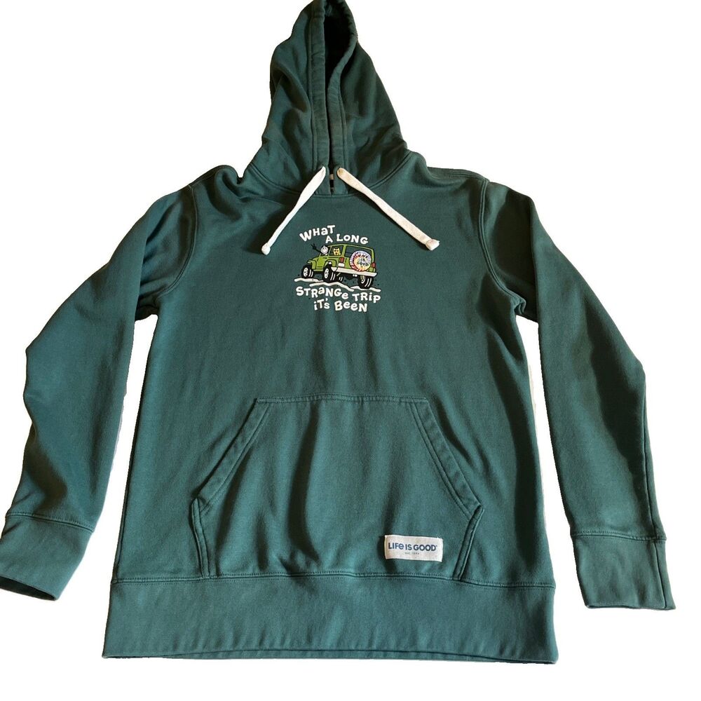 Life Is Good Graphic Hoodie Men’s S Green Such A Strange Long Trip Jeep READ